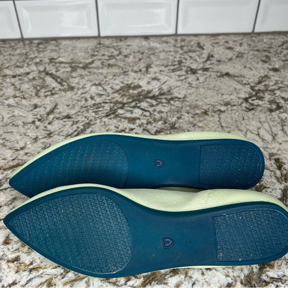 Rothy's Keylime Green Pointed Toe Flats with Blue Trim - Picture 2 of 6